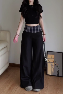 Women's 2025 American Retro Plaid Patchwork Cargo Pants - Loose Wide-Leg Casual Trousers for Y2K and Vintage Style