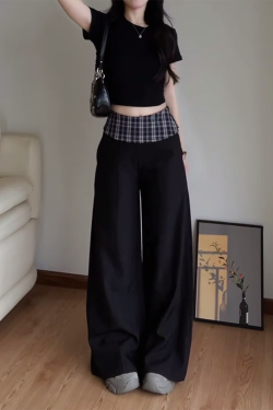 Women's 2025 American Retro Plaid Patchwork Cargo Pants - Loose Wide-Leg Casual Trousers for Y2K and Vintage Style