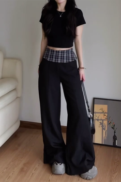 Women's 2025 American Retro Plaid Patchwork Cargo Pants - Loose Wide-Leg Casual Trousers for Y2K and Vintage Style