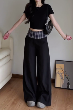 Women's 2025 American Retro Plaid Patchwork Cargo Pants - Loose Wide-Leg Casual Trousers for Y2K and Vintage Style