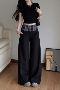 Women's 2025 American Retro Plaid Patchwork Cargo Pants - Loose Wide-Leg Casual Trousers for Y2K and Vintage Style