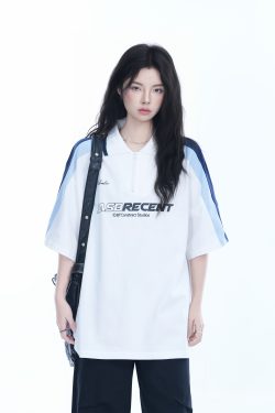 Women's American College Style Half-Zip Collar Short Sleeve T-Shirt - Loose Fit Summer Sports Top