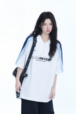 Women's American College Style Half-Zip Collar Short Sleeve T-Shirt - Loose Fit Summer Sports Top