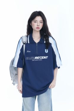 Women's American College Style Half-Zip Collar Short Sleeve T-Shirt - Loose Fit Summer Sports Top