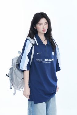 Women's American College Style Half-Zip Collar Short Sleeve T-Shirt - Loose Fit Summer Sports Top