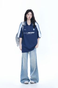 Women's American College Style Half-Zip Collar Short Sleeve T-Shirt - Loose Fit Summer Sports Top