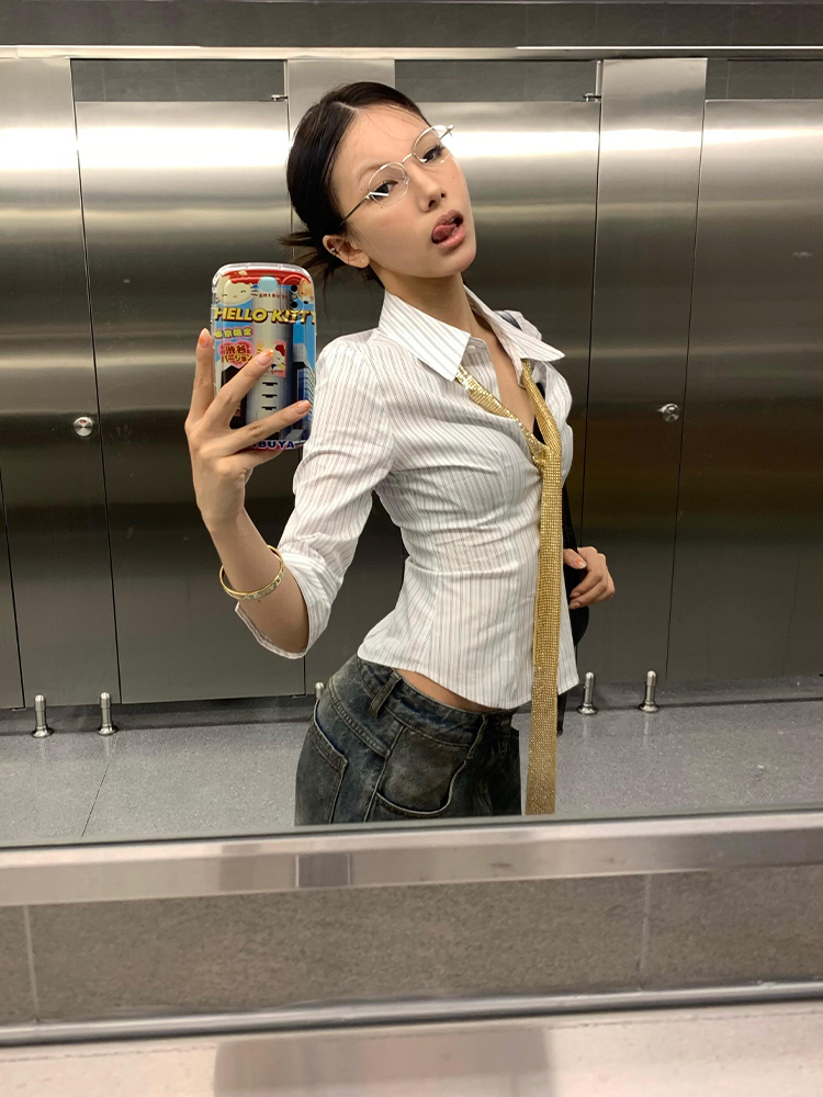 Women's American College Style Striped Mid-Sleeve Lapel Shirt Jacket - Slim Fit Trendy Spring Top Women's American College Style Striped Mid-Sleeve Lapel Shirt Jacket - Slim Fit Trendy Spring Top