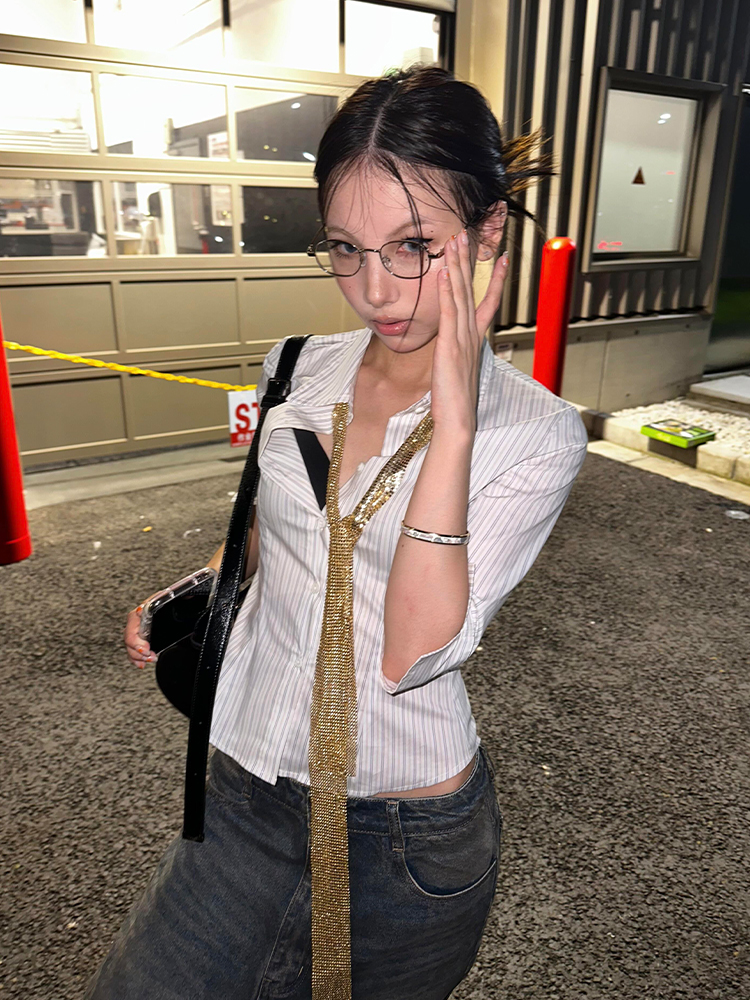 Women's American College Style Striped Mid-Sleeve Lapel Shirt Jacket - Slim Fit Trendy Spring Top Women's American College Style Striped Mid-Sleeve Lapel Shirt Jacket - Slim Fit Trendy Spring Top