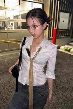 Women's American College Style Striped Mid-Sleeve Lapel Shirt Jacket - Slim Fit Trendy Spring Top