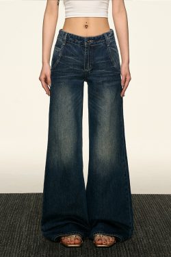 Women's American Retro Blue Flared Jeans - Loose Straight Wide-Leg Pants for Spring 2025, Trendy Korean Style