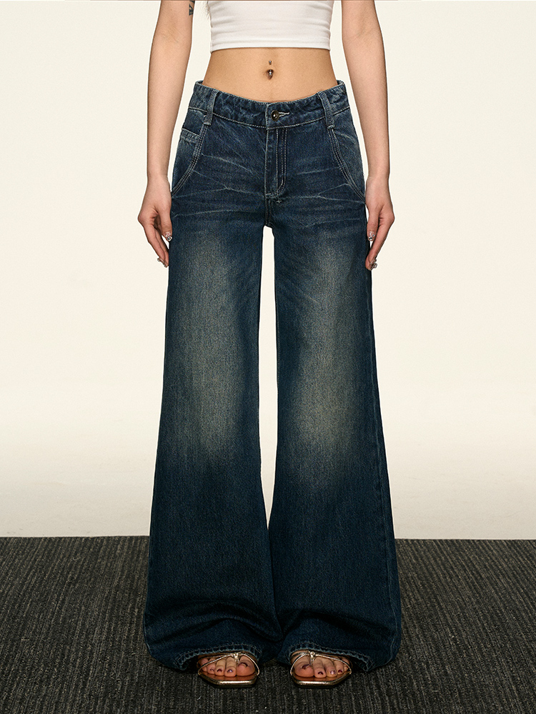 Women's American Retro Blue Flared Jeans - Loose Straight Wide-Leg Pants for Spring 2025, Trendy Korean Style Women's American Retro Blue Flared Jeans - Loose Straight Wide-Leg Pants for Spring 2025, Trendy Korean Style