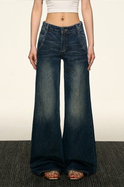 Women's American Retro Blue Flared Jeans - Loose Straight Wide-Leg Pants for Spring 2025, Trendy Korean Style