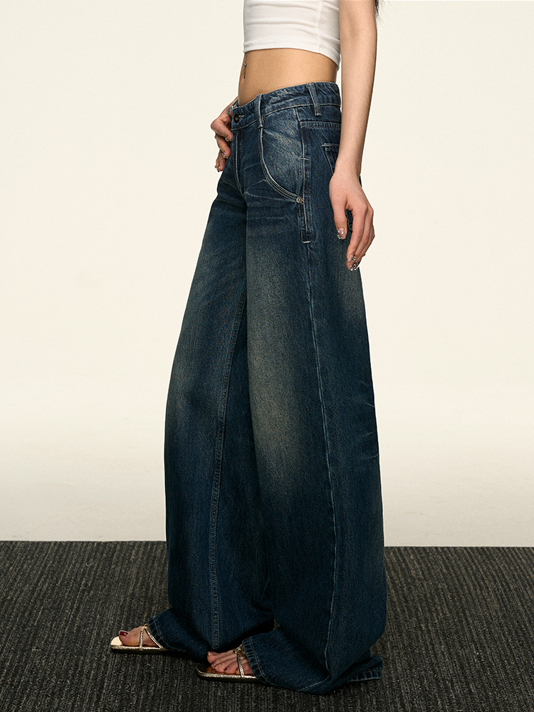 Women's American Retro Blue Flared Jeans - Loose Straight Wide-Leg Pants for Spring 2025, Trendy Korean Style Women's American Retro Blue Flared Jeans - Loose Straight Wide-Leg Pants for Spring 2025, Trendy Korean Style