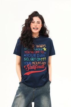 Women's American Retro Letter Print Round Neck T-Shirt - Casual Short Sleeve Summer Top - Trendy 90s Style