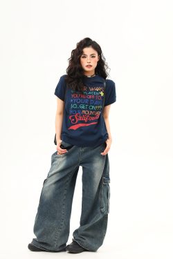 Women's American Retro Letter Print Round Neck T-Shirt - Casual Short Sleeve Summer Top - Trendy 90s Style