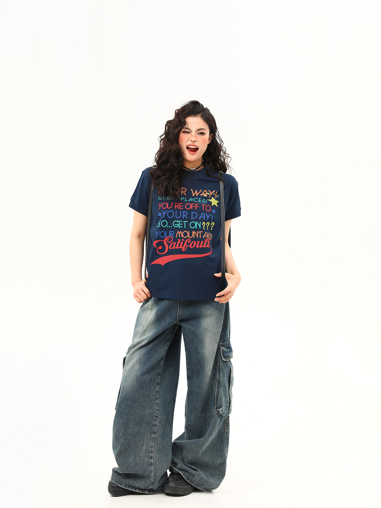 Women's American Retro Letter Print Round Neck T-Shirt - Casual Short Sleeve Summer Top - Trendy 90s Style Women's American Retro Letter Print Round Neck T-Shirt - Casual Short Sleeve Summer Top - Trendy 90s Style