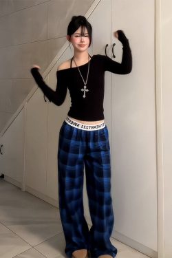 Women's American Retro Plaid Casual Wide-Leg Pants with Letter Belt, Draped Floor-Length Trousers, Loose Fit Fashion Trousers