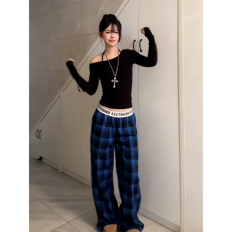 Women's American Retro Plaid Casual Wide-Leg Pants with Letter Belt, Draped Floor-Length Trousers, Loose Fit Fashion Trousers Women's American Retro Plaid Casual Wide-Leg Pants with Letter Belt, Draped Floor-Length Trousers, Loose Fit Fashion Trousers