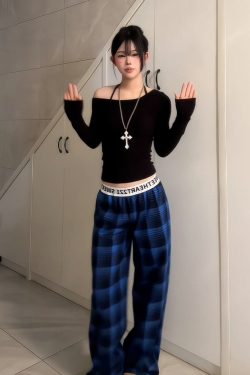 Women's American Retro Plaid Casual Wide-Leg Pants with Letter Belt, Draped Floor-Length Trousers, Loose Fit Fashion Trousers