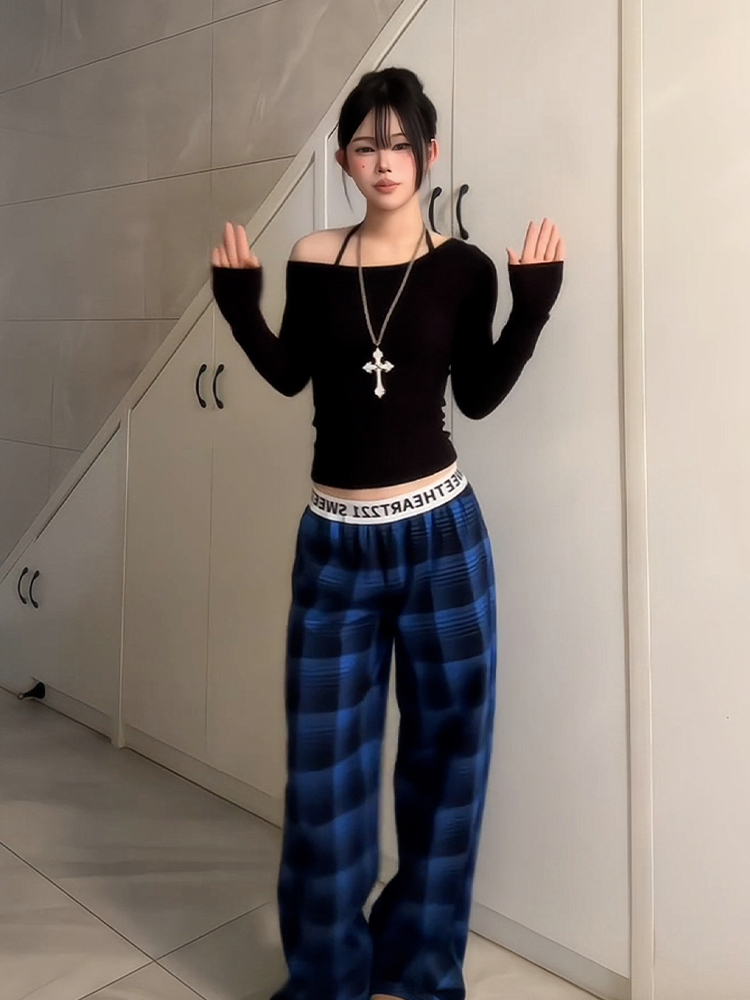 Women's American Retro Plaid Casual Wide-Leg Pants with Letter Belt, Draped Floor-Length Trousers, Loose Fit Fashion Trousers Women's American Retro Plaid Casual Wide-Leg Pants with Letter Belt, Draped Floor-Length Trousers, Loose Fit Fashion Trousers