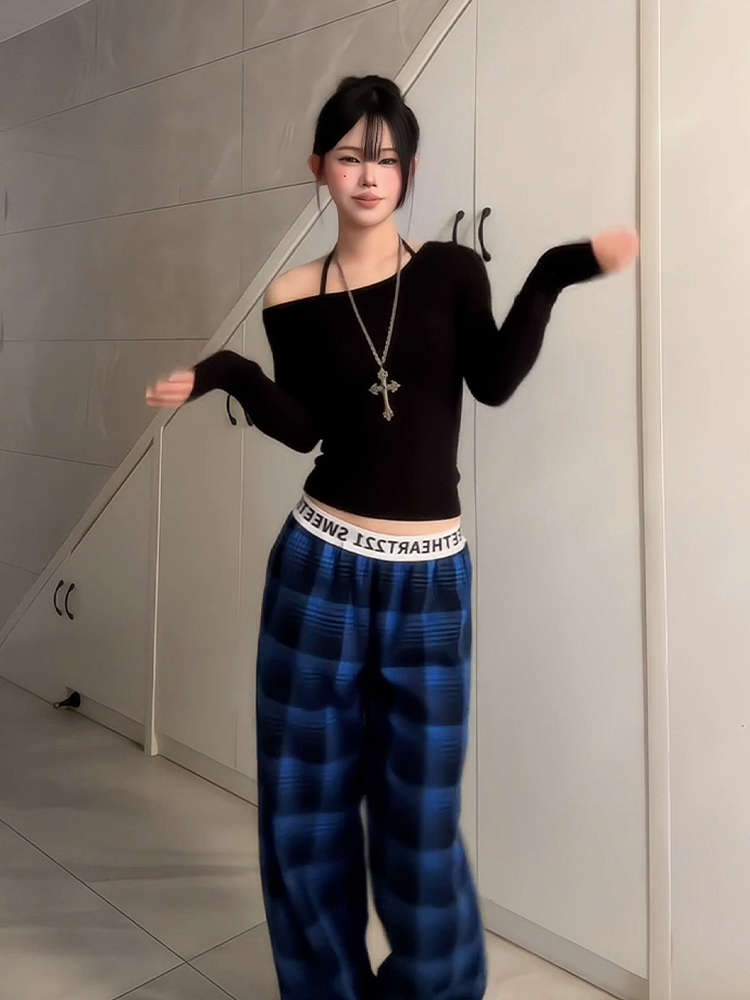 Women's American Retro Plaid Casual Wide-Leg Pants with Letter Belt, Draped Floor-Length Trousers, Loose Fit Fashion Trousers Women's American Retro Plaid Casual Wide-Leg Pants with Letter Belt, Draped Floor-Length Trousers, Loose Fit Fashion Trousers