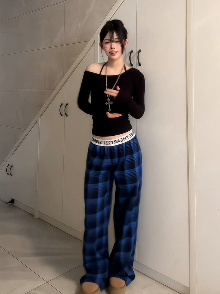 Women's American Retro Plaid Casual Wide-Leg Pants with Letter Belt, Draped Floor-Length Trousers, Loose Fit Fashion Trousers Women's American Retro Plaid Casual Wide-Leg Pants with Letter Belt, Draped Floor-Length Trousers, Loose Fit Fashion Trousers