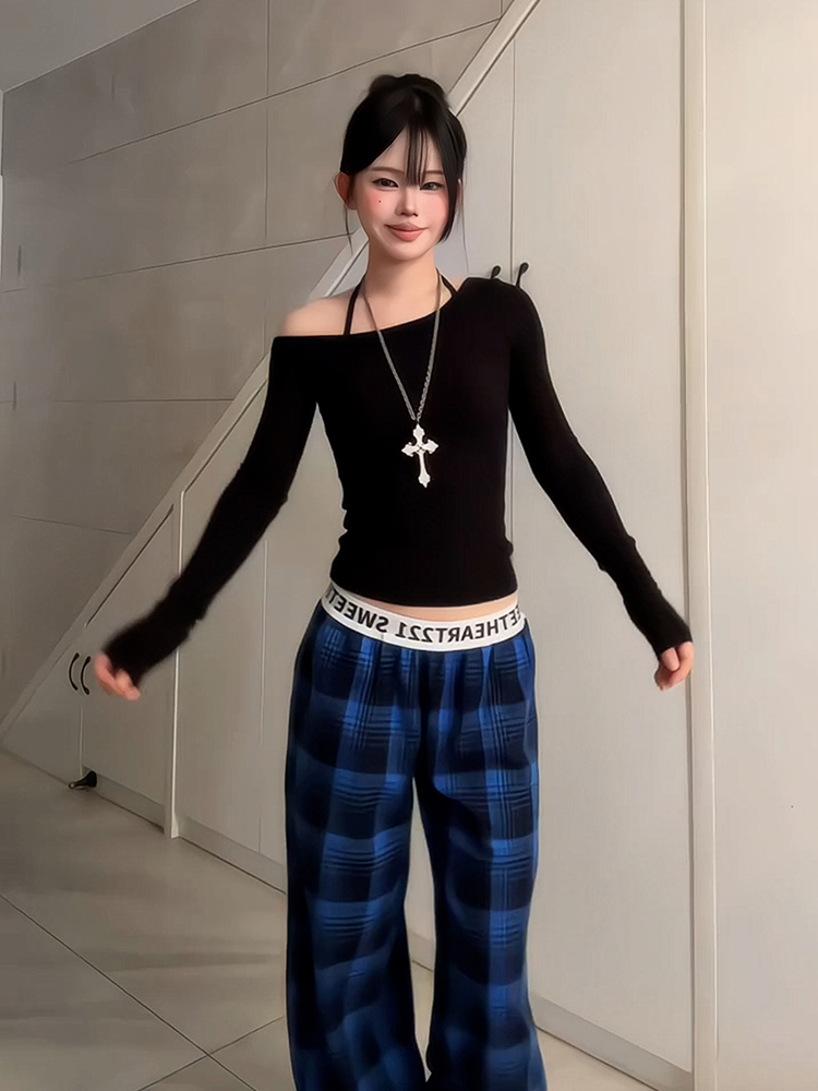 Women's American Retro Plaid Casual Wide-Leg Pants with Letter Belt, Draped Floor-Length Trousers, Loose Fit Fashion Trousers Women's American Retro Plaid Casual Wide-Leg Pants with Letter Belt, Draped Floor-Length Trousers, Loose Fit Fashion Trousers