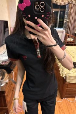 Women's American Retro Plaid Patchwork Embroidered Letter Short Sleeve Cropped T-Shirt - Summer Slim Fit Y2K Style