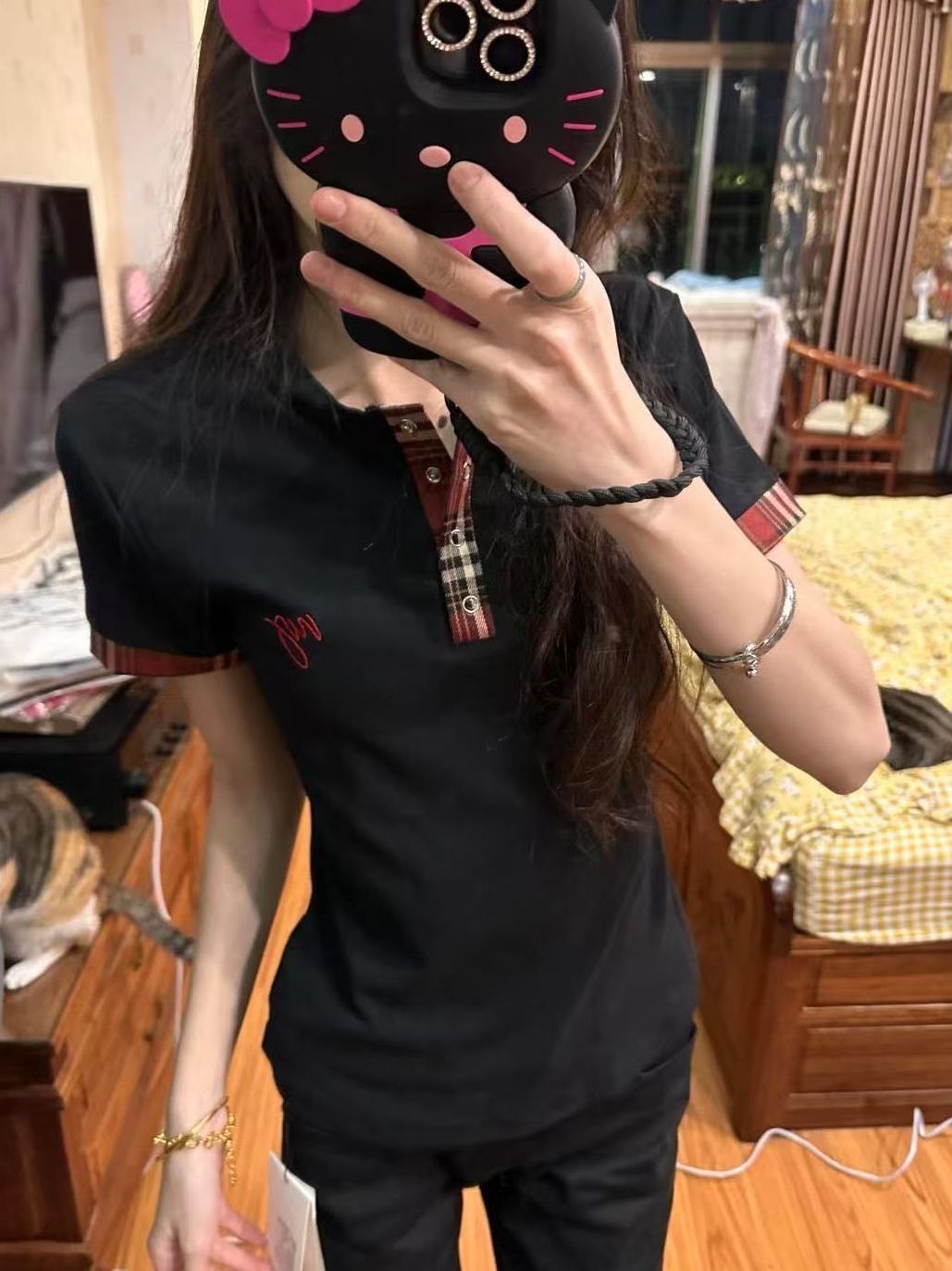 Women's American Retro Plaid Patchwork Embroidered Letter Short Sleeve Cropped T-Shirt - Summer Slim Fit Y2K Style Women's American Retro Plaid Patchwork Embroidered Letter Short Sleeve Cropped T-Shirt - Summer Slim Fit Y2K Style