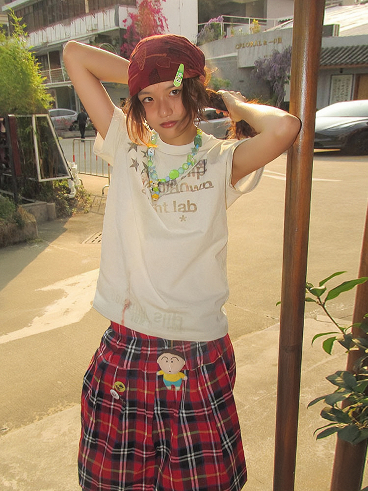 Women's American Retro Shoulder T-Shirt - Summer White Ink Print, Loose Casual Top, Round Neck Short Sleeve, Trendy Summer Fashion Women's American Retro Shoulder T-Shirt - Summer White Ink Print, Loose Casual Top, Round Neck Short Sleeve, Trendy Summer Fashion