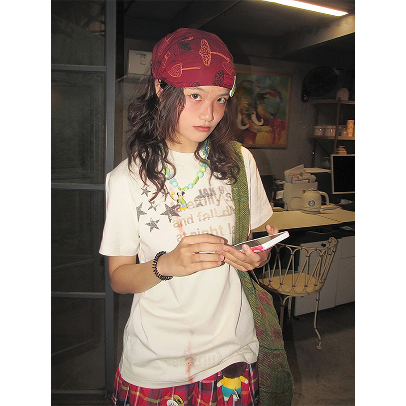 Women's American Retro Shoulder T-Shirt - Summer White Ink Print, Loose Casual Top, Round Neck Short Sleeve, Trendy Summer Fashion Women's American Retro Shoulder T-Shirt - Summer White Ink Print, Loose Casual Top, Round Neck Short Sleeve, Trendy Summer Fashion