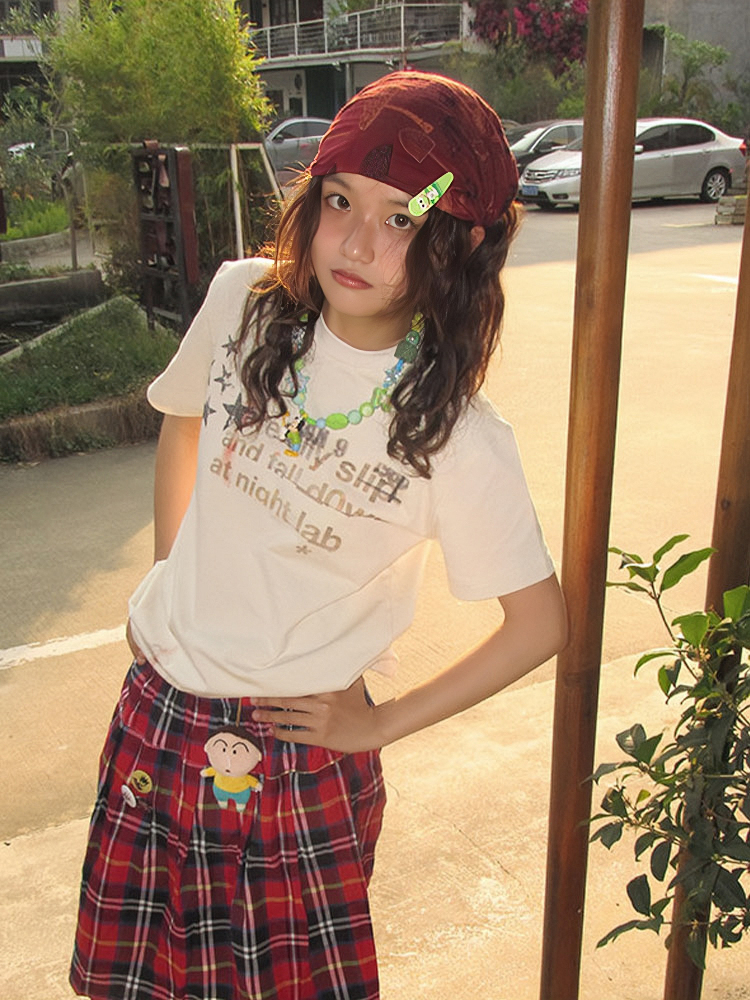 Women's American Retro Shoulder T-Shirt - Summer White Ink Print, Loose Casual Top, Round Neck Short Sleeve, Trendy Summer Fashion Women's American Retro Shoulder T-Shirt - Summer White Ink Print, Loose Casual Top, Round Neck Short Sleeve, Trendy Summer Fashion