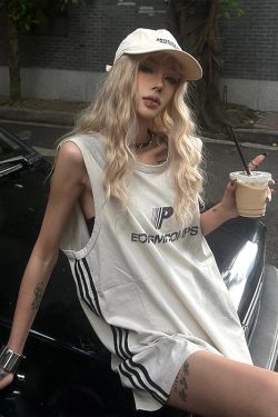 Women's American Retro Sports Vest - Summer Side Stripe Sleeveless T-Shirt, Loose Tank Top in Street Style