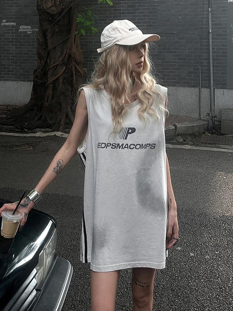 Women's American Retro Sports Vest - Summer Side Stripe Sleeveless T-Shirt, Loose Tank Top in Street Style Women's American Retro Sports Vest - Summer Side Stripe Sleeveless T-Shirt, Loose Tank Top in Street Style