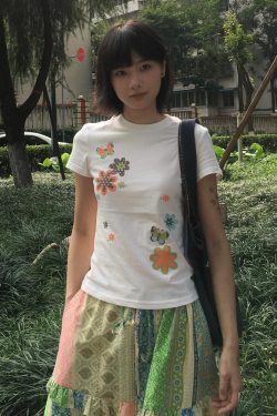Women's American-Style Floral Print T-Shirt, Summer Short Sleeve, Vintage Slim-Fit Round Neck, Heavyweight White Top
