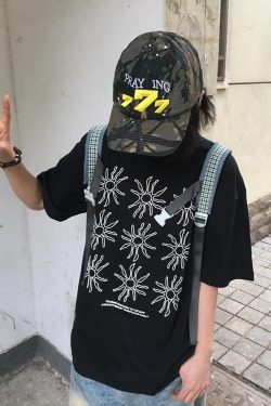 Women's American Style Heavy T-Shirt - Summer Sunflower Print, Versatile Black Short Sleeve Loose Casual Top