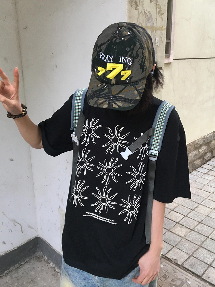 Women's American Style Heavy T-Shirt - Summer Sunflower Print, Versatile Black Short Sleeve Loose Casual Top Women's American Style Heavy T-Shirt - Summer Sunflower Print, Versatile Black Short Sleeve Loose Casual Top