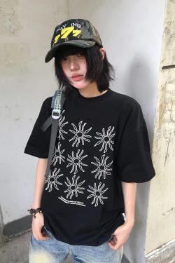 Women's American Style Heavy T-Shirt - Summer Sunflower Print, Versatile Black Short Sleeve Loose Casual Top
