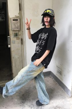 Women's American Style Heavy T-Shirt - Summer Sunflower Print, Versatile Black Short Sleeve Loose Casual Top