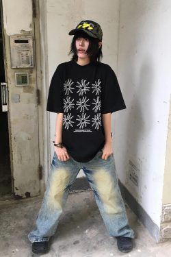 Women's American Style Heavy T-Shirt - Summer Sunflower Print, Versatile Black Short Sleeve Loose Casual Top