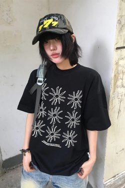 Women's American Style Heavy T-Shirt - Summer Sunflower Print, Versatile Black Short Sleeve Loose Casual Top