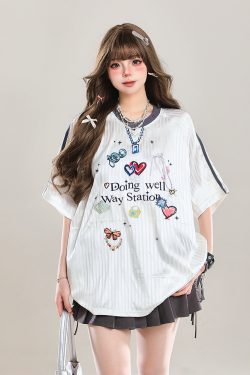 Women's American-Style Printed V-Neck Short Sleeve T-Shirt, Summer 2025 Jersey Design, Sweet Girl Loose Fit