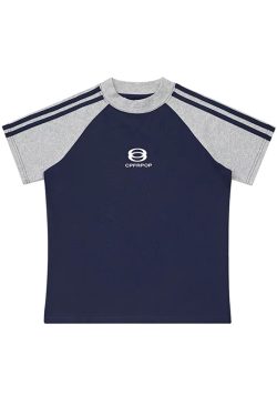 Women's American-Style Raglan Sleeve T-Shirt with Side Striped Letter Print, Slim Fit Summer Top, Casual Y2K Fashion