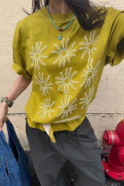 Women's American Style Summer Sunflower Print Short Sleeve T-Shirt, Heavyweight Round Neck Casual Tee, Loose Fit