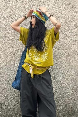 Women's American Style Summer Sunflower Print Short Sleeve T-Shirt, Heavyweight Round Neck Casual Tee, Loose Fit