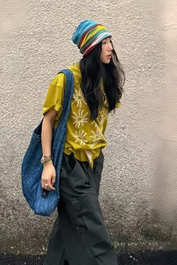 Women's American Style Summer Sunflower Print Short Sleeve T-Shirt, Heavyweight Round Neck Casual Tee, Loose Fit