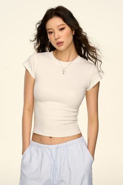 Women’s American-Style White Short Tee - Rolled Shoulder, Minimalist Summer Essential, Versatile Basic Top