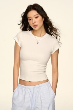 Women’s American-Style White Short Tee - Rolled Shoulder, Minimalist Summer Essential, Versatile Basic Top