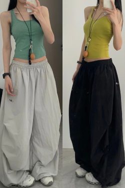 Women's American Vintage Cargo Pants - Summer Loose Casual Wide-Leg Parachute Pants with Drawstring, Hip-Hop Style