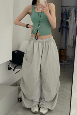 Women's American Vintage Cargo Pants - Summer Loose Casual Wide-Leg Parachute Pants with Drawstring, Hip-Hop Style